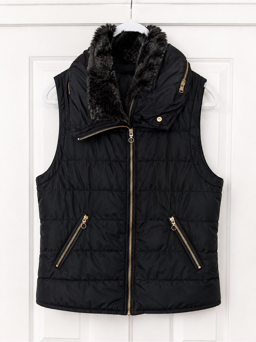 H&M Black Puffer Vest with Faux Fur Trim